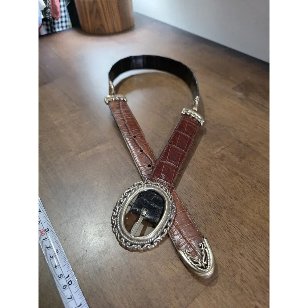 Vintage Brighton Reversible Black Brown Croc Leather Belt Silver Western Size S